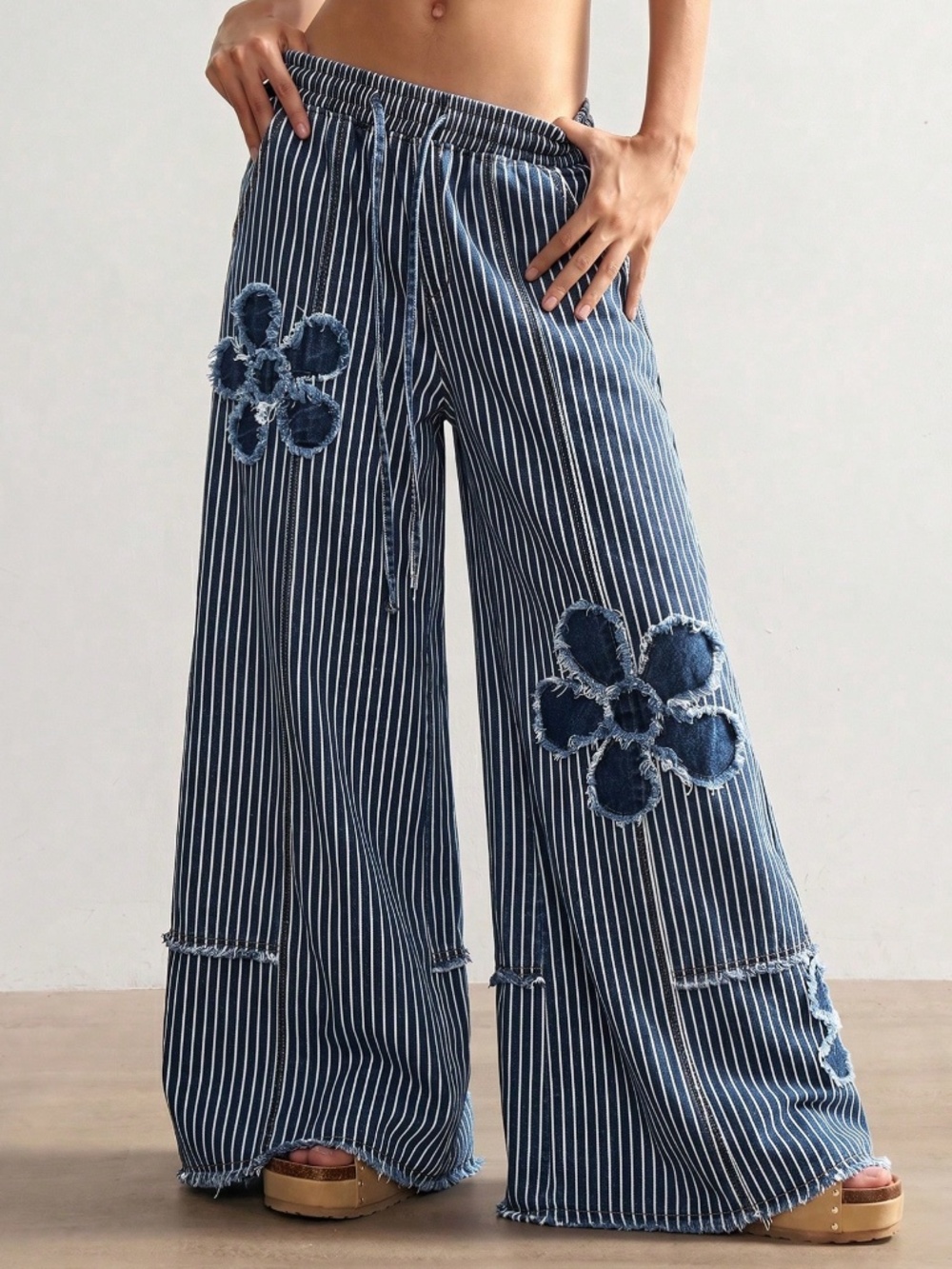 Boho Floral Patchwork Striped Print Wide Leg Denim pants - Picture 4 of 5